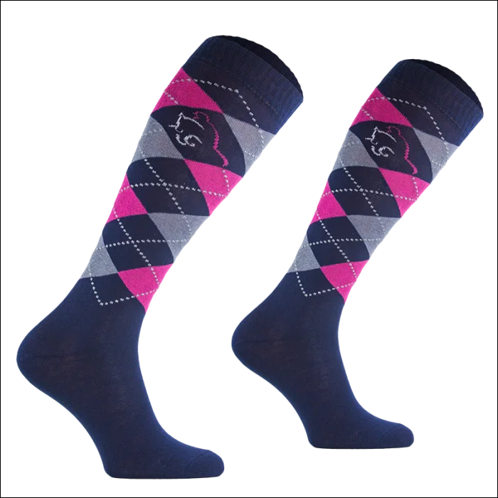 Adult Argyle Cotton Socks with Lurex - Navy/Pink