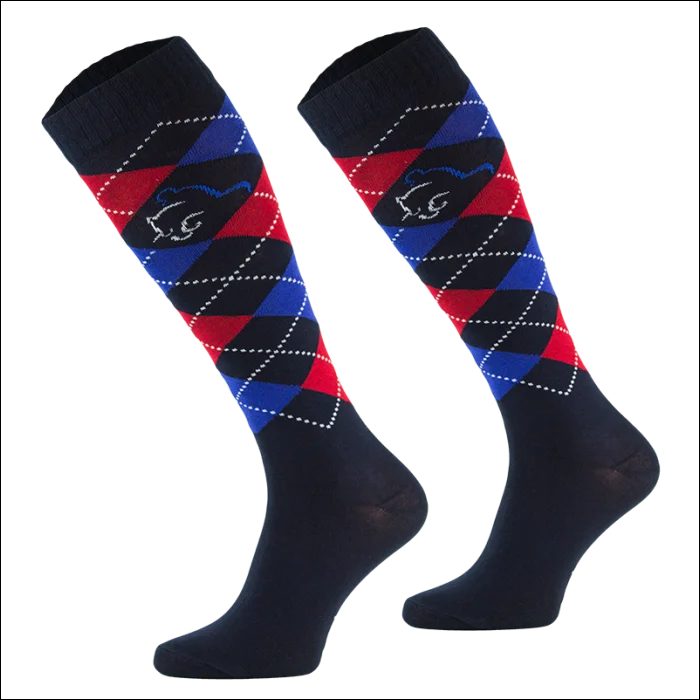 Adult Argyle Cotton Socks with Lurex - Navy/Red