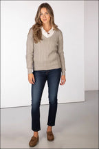 Rydale Emma V Neck Cable Knit Jumper Soft Grey