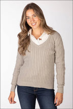 Rydale Emma V Neck Cable Knit Jumper Soft Grey