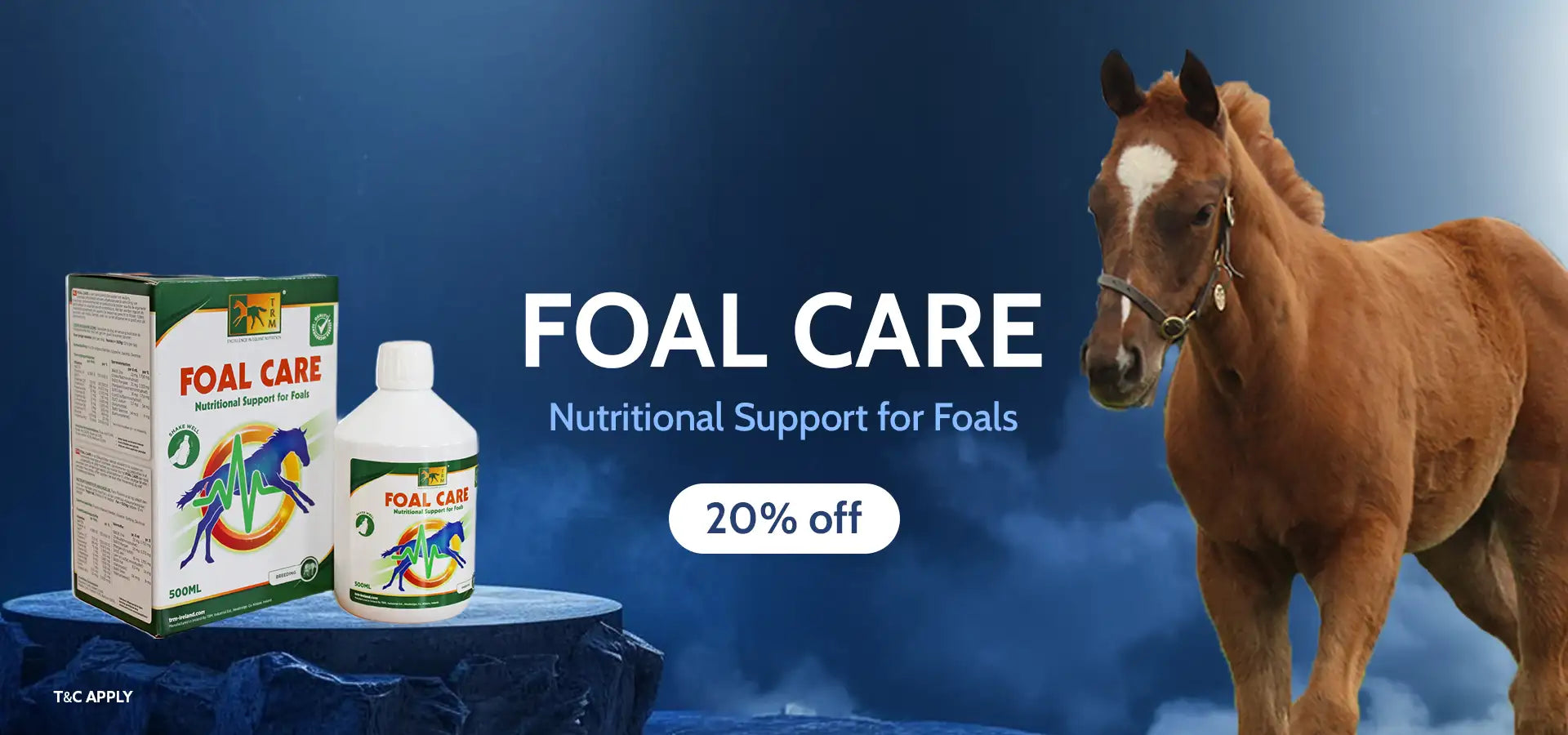 White plastic bottle with green and orange label featuring a horse graphic, labeled ’foal care’ for nutritional support.