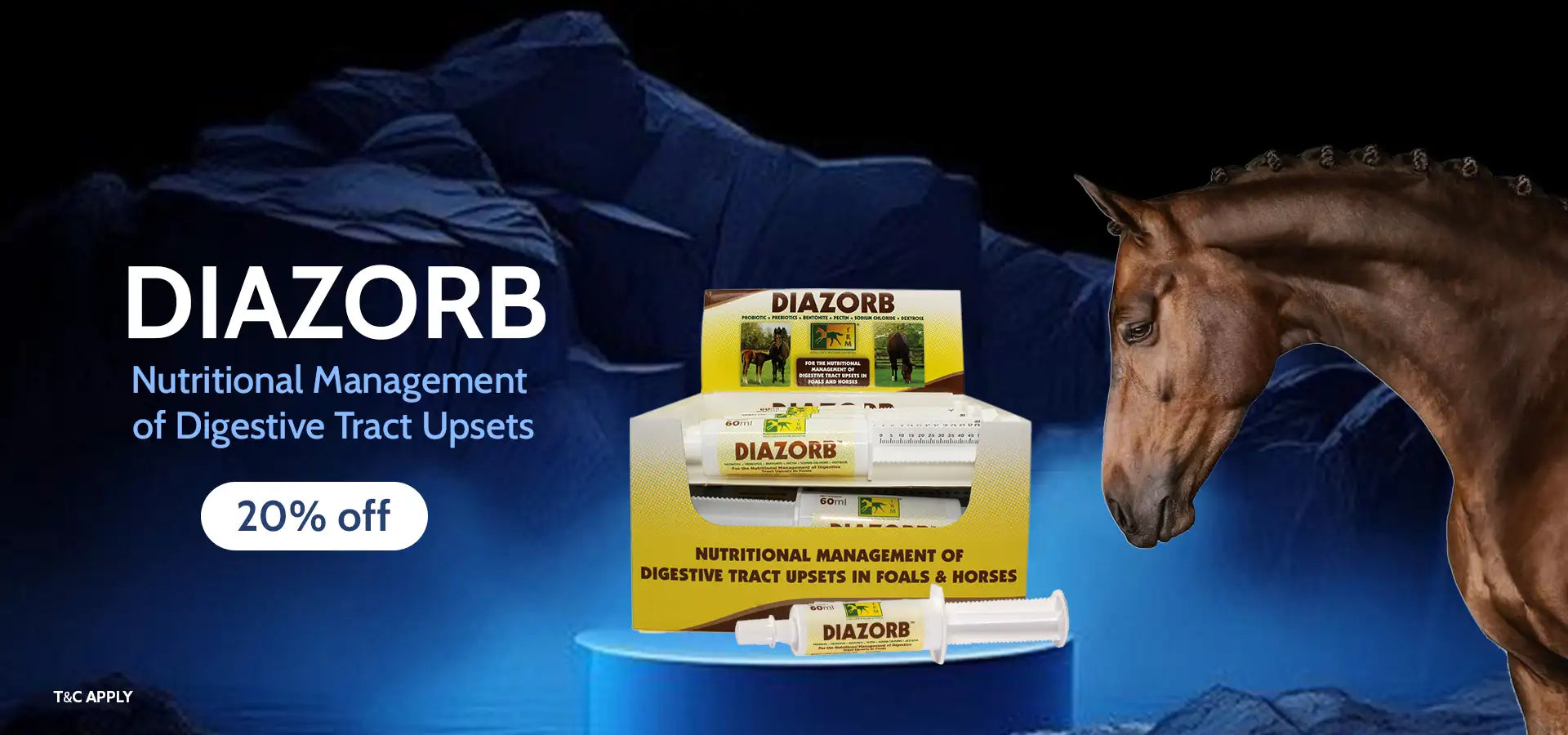 Yellow and white box of diazorb, a nutritional supplement for horses.